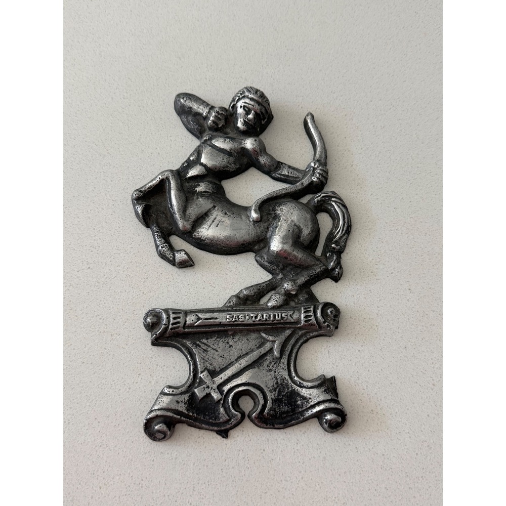 Vintage Sagittarius Zodiac Centaur Cast Metal Wall Plaque Silver Tone Astrology